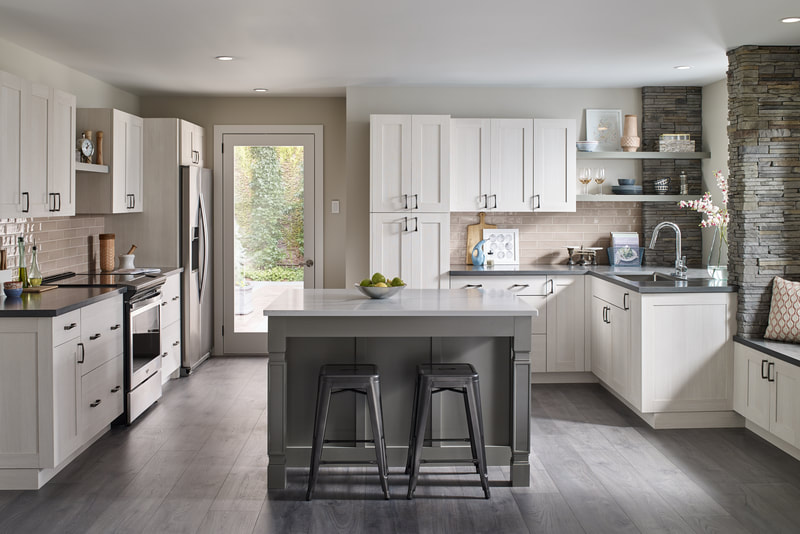 White, beige, and gray kitchen with work island and open storage
