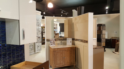 Bathroom flooring and vanity selections at Broadway Kitchens & Baths showroom