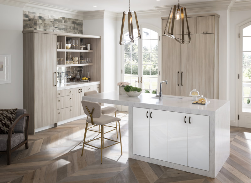 White and beige kitchen with custom cabinets and open storage